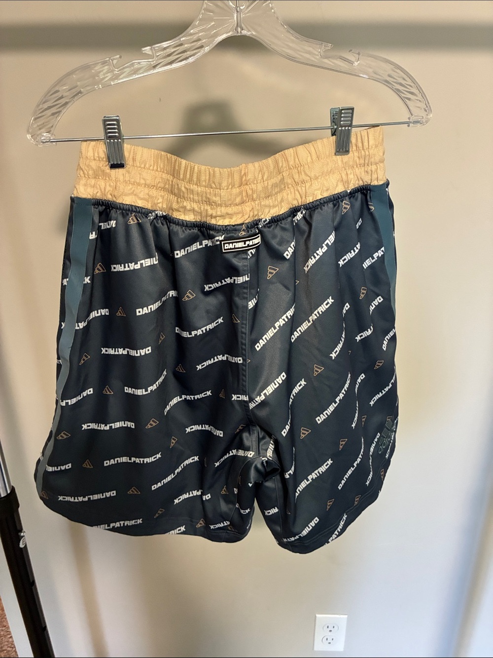 adidas Daniel Patrick Dark Green Athletic Shorts with Tan Waistband - Picture 2 of 3